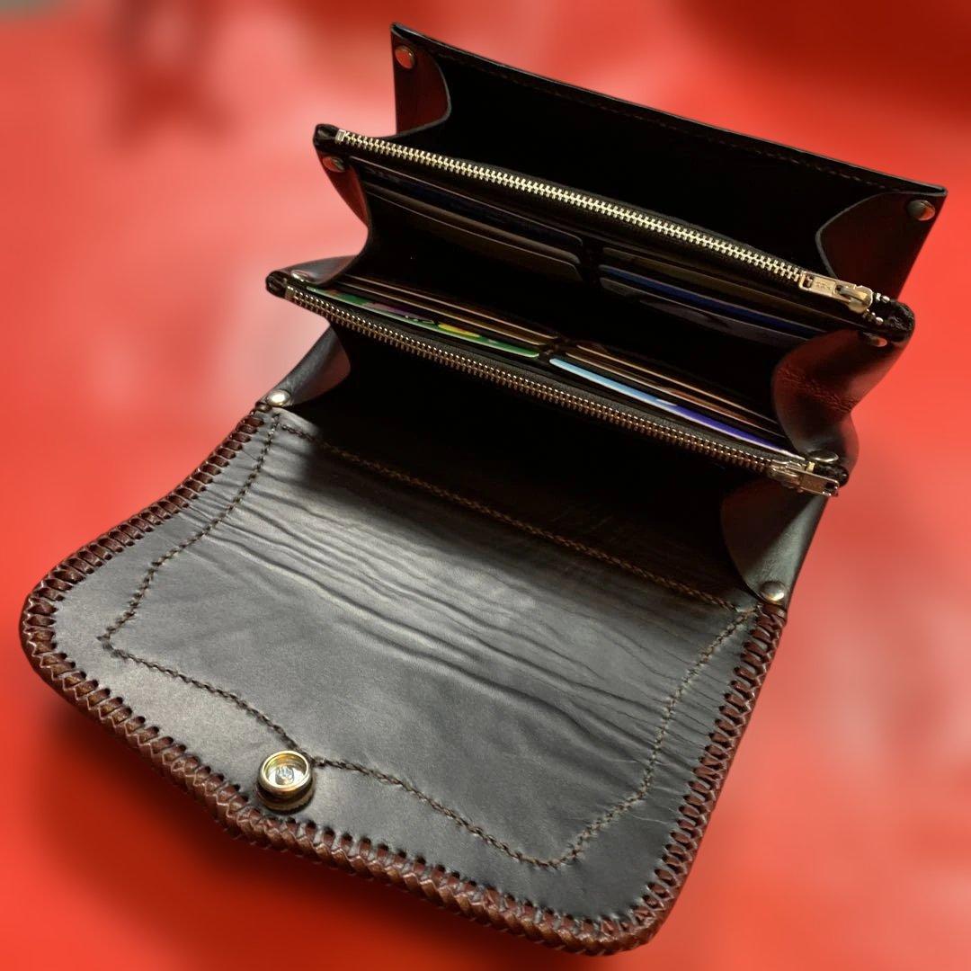 ハンドメイドレザークラフトダルメシアン柄ハラコアコーディオン長財布牛レース編み