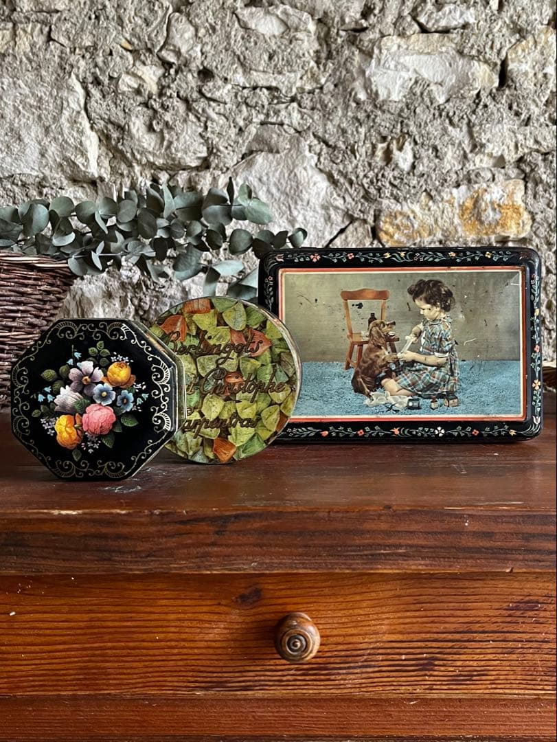 ◇フランス雑貨｜ティン缶セットブリキ缶お菓子箱ケースサビあり花柄