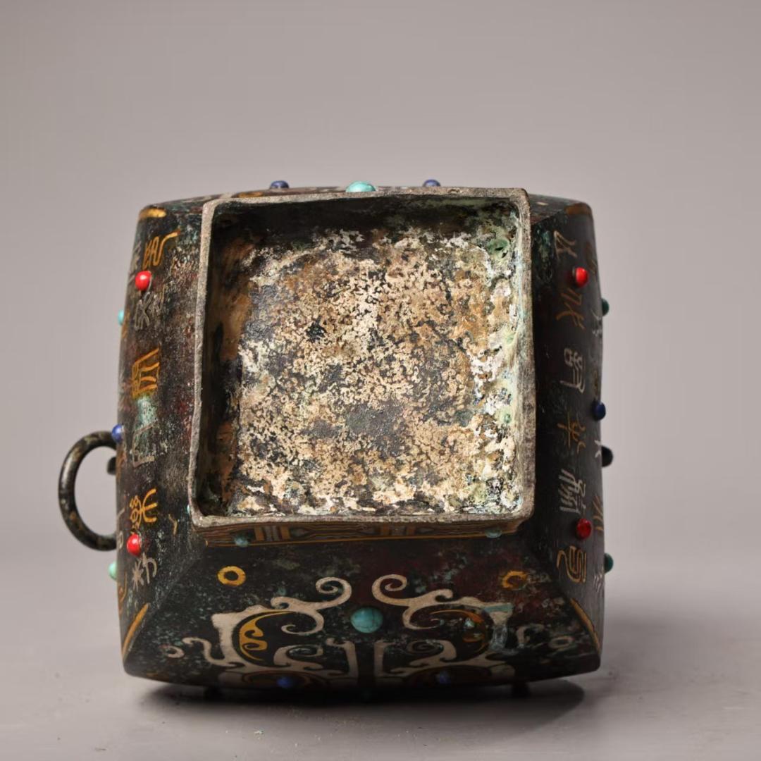 中国古美術 珍蔵 錯金銀 宝石嵌 青銅方花瓶 純青銅製 風水開運