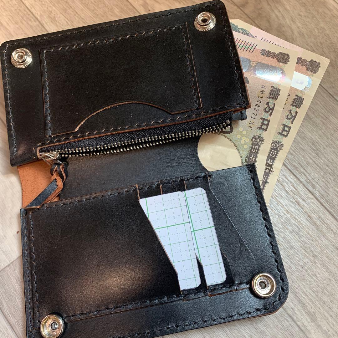 【茶芯ブラック】トラッカーウォレット　ミドル　ニッケル　お札を折らずに収納
