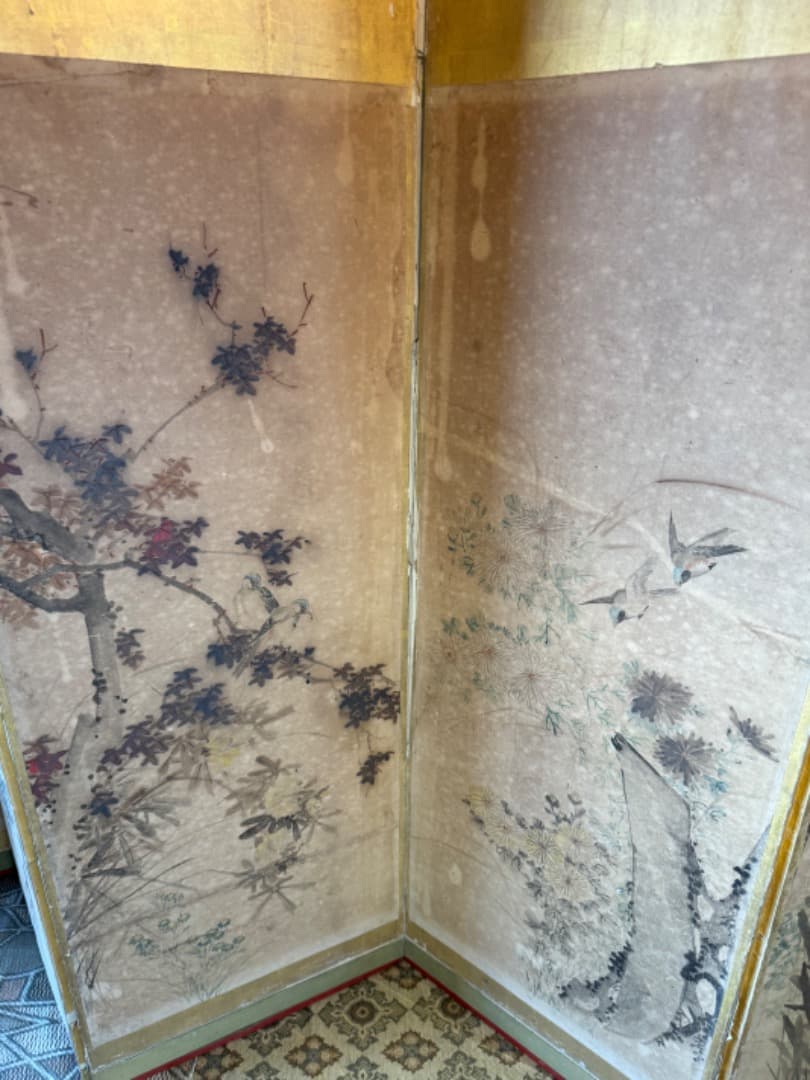 江戸後期 ~ 明治初期 六曲屏風 二点セット 鳥花図 美品 アンティーク