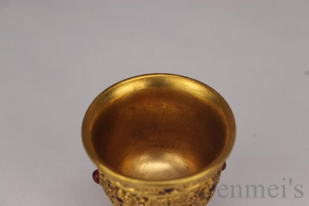 中国古美術 旧蔵清代 鍍金銅酒杯 嵌宝石酒器 精銅製