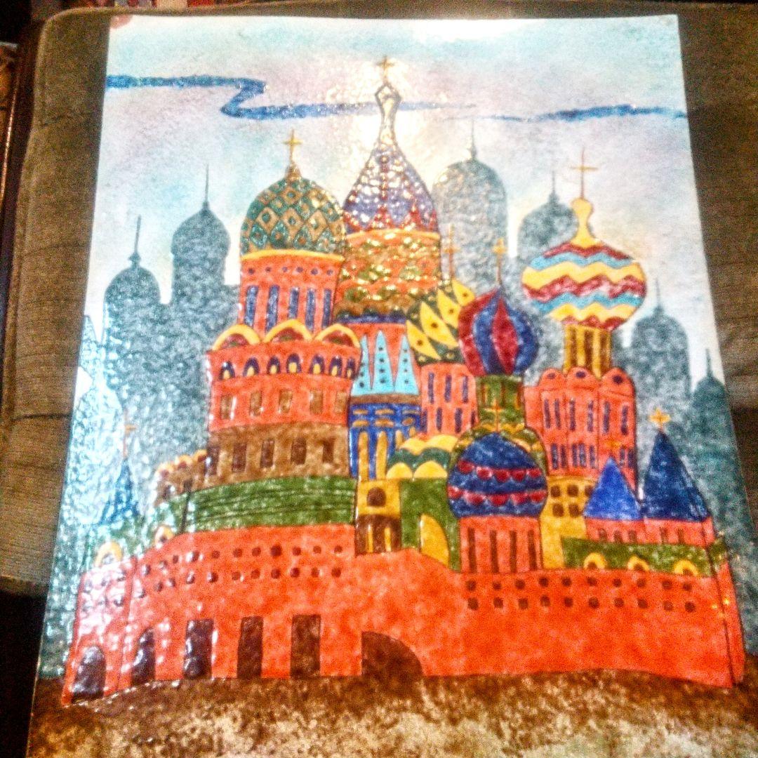 ヴィンテージ 七宝画 大聖堂 エナメル画 銅板 41✕32cm ワシリイ 正