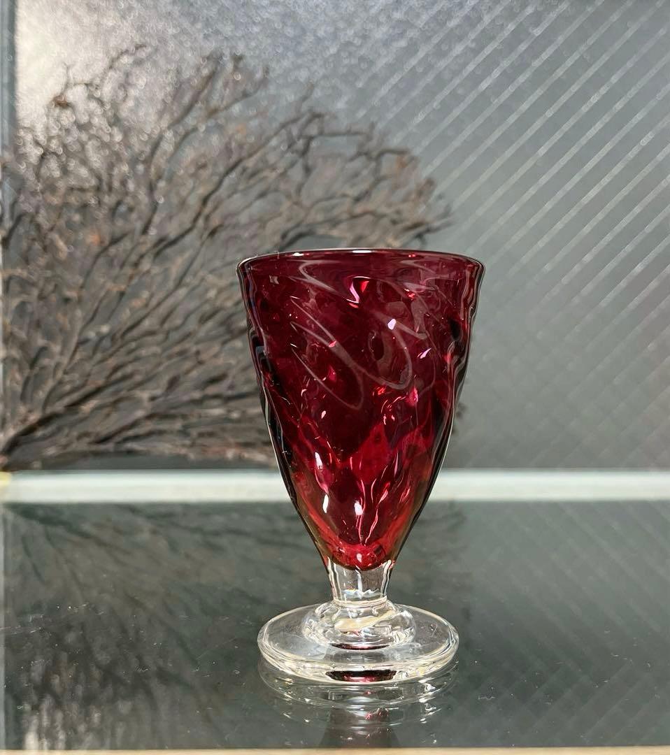 骨董 時代 希少金赤ガラス モールガラス調 流線型 アイスコップ ウラン ①