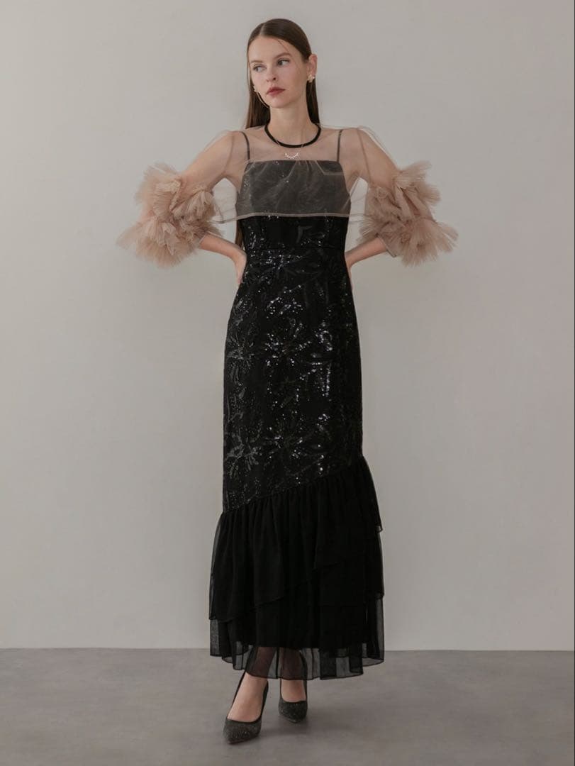 フラワースパンコールチュールフリルスリーブIラインワンピースドレス結婚式成人式