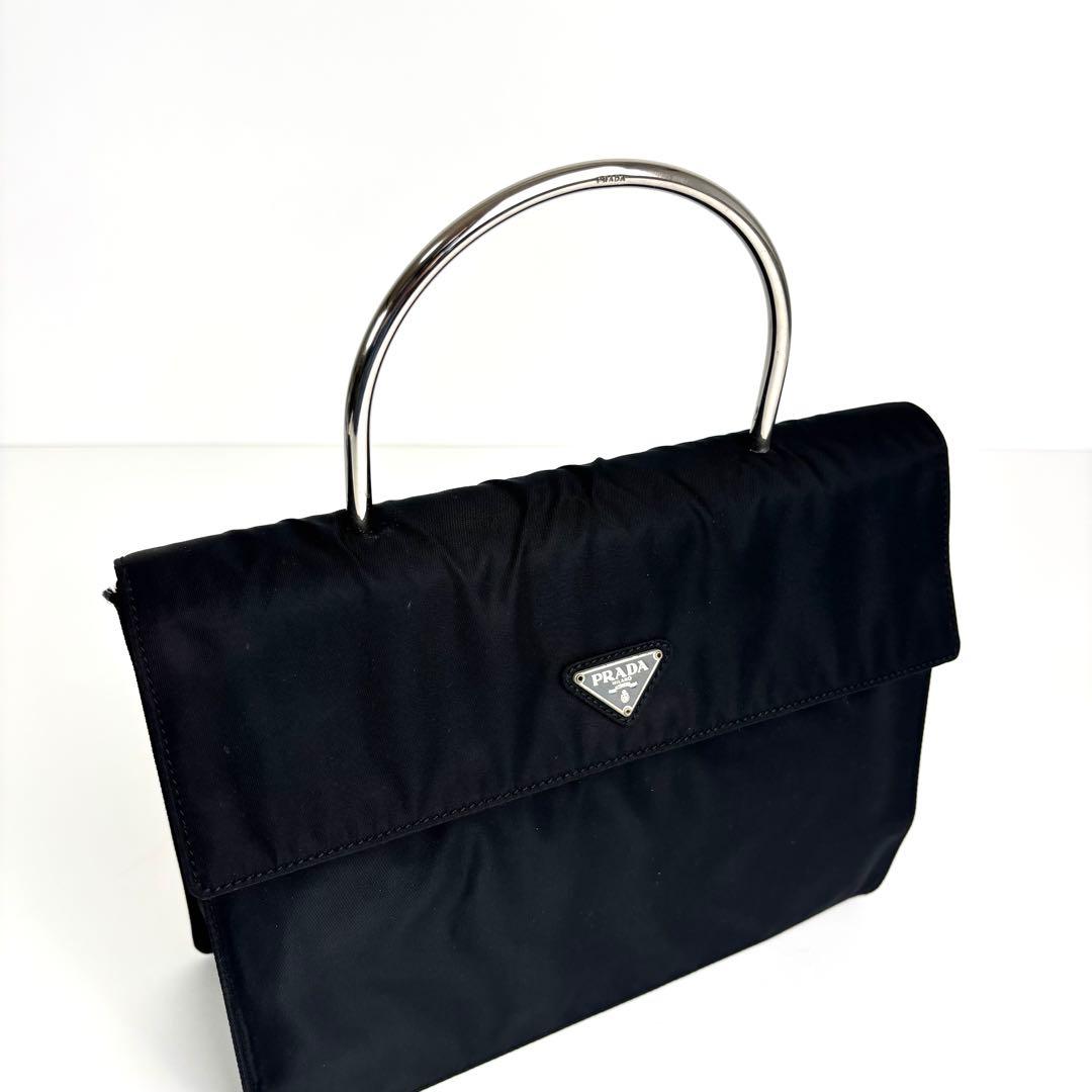 美品 PRADA プラダ メタルハンドル ハンドバッグ ナイロン ブラック
