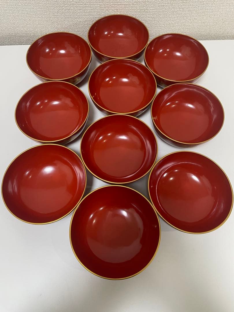 漆器 朱漆 内朱塗 漆器 吸物 懐石椀 煮物椀 10 客 牡丹柄 アンティーク