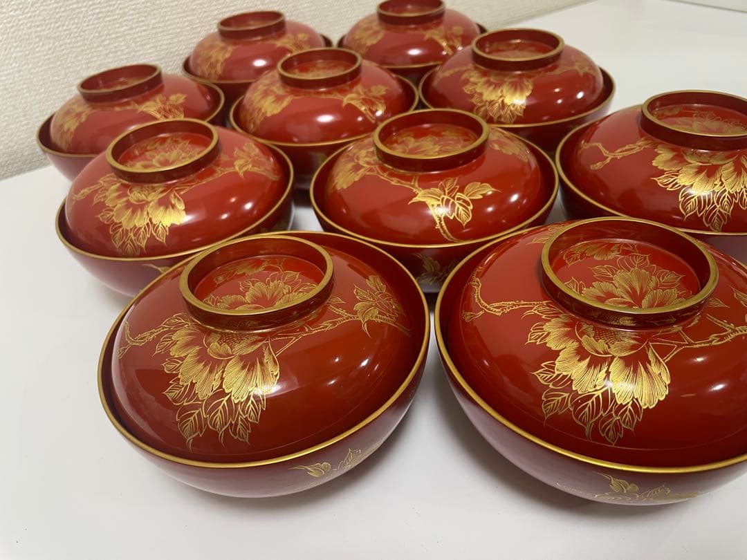 漆器 朱漆 内朱塗 漆器 吸物 懐石椀 煮物椀 10 客 牡丹柄 アンティーク