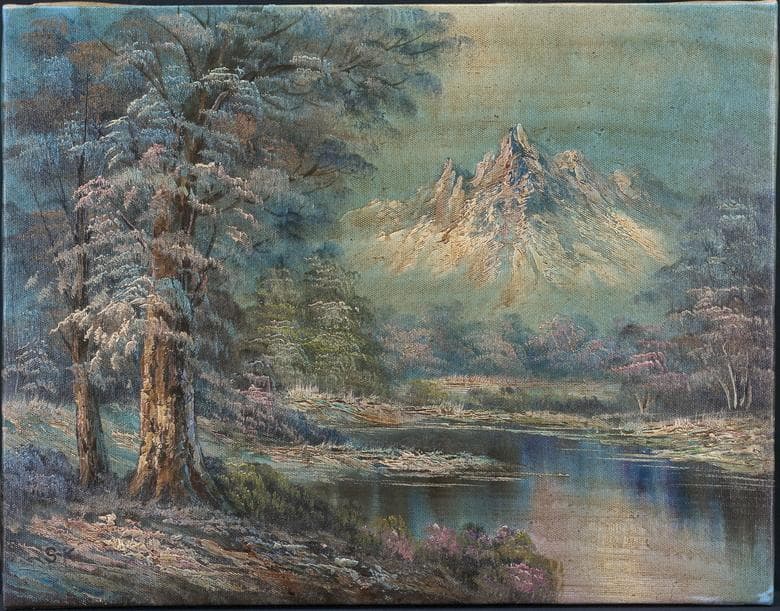 黒田清輝油彩肉筆『湖畔』サイン裏書(印譜・鑑定)F6号額無a620