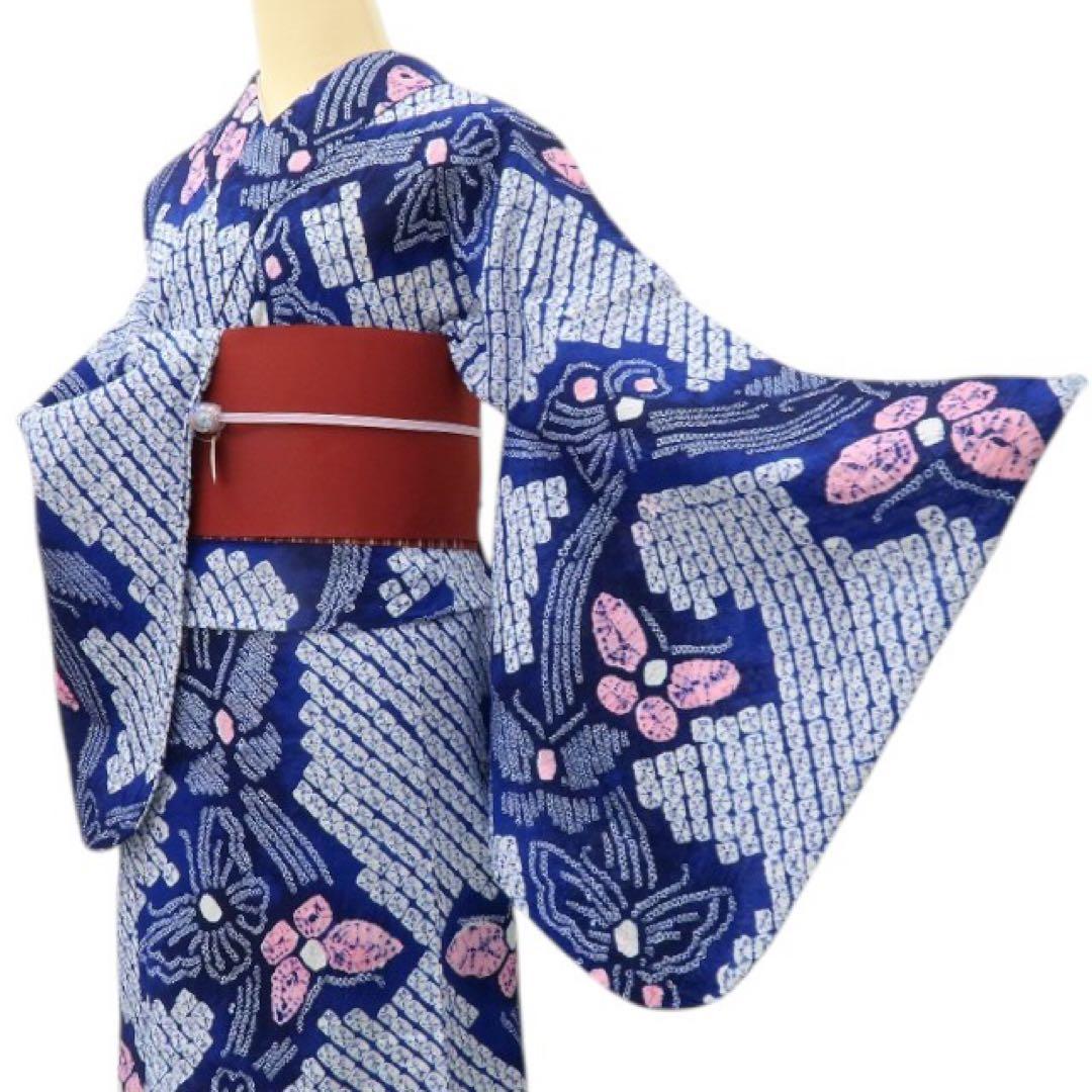 美品 有松鳴海絞り 蝶 ゆったりサイズ 高級浴衣 着物 A3438