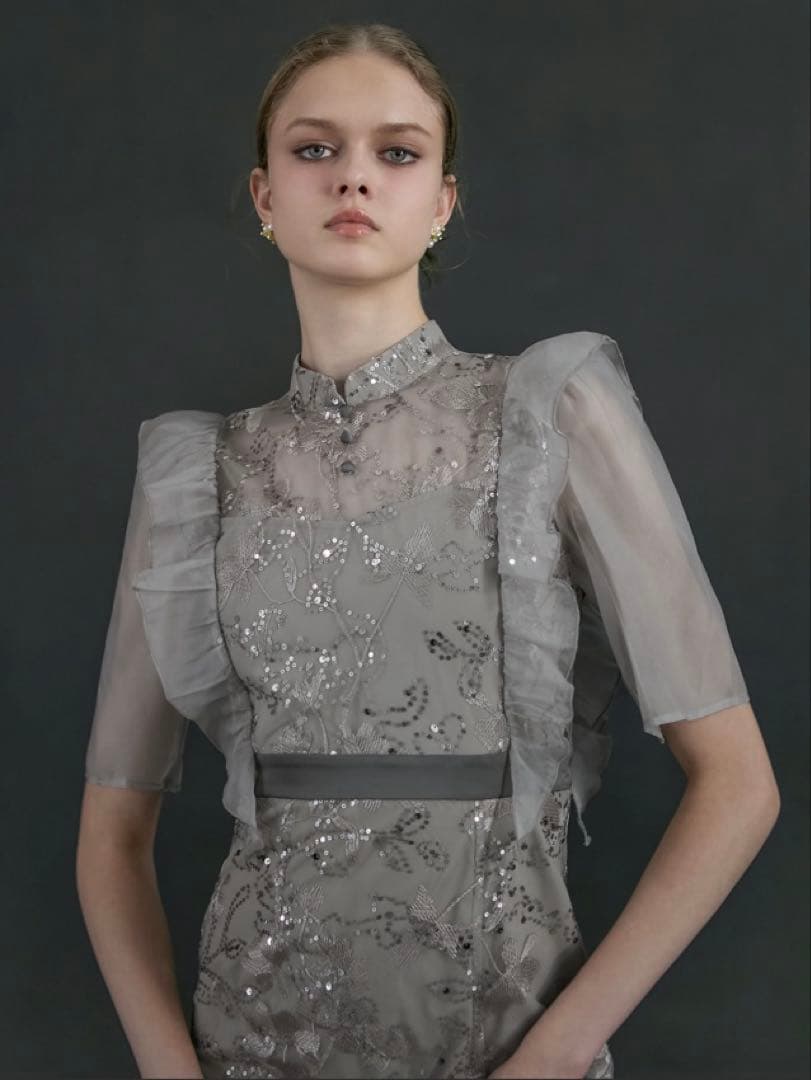 フラワースパンコールシアーフリルIラインワンピースドレス結婚式