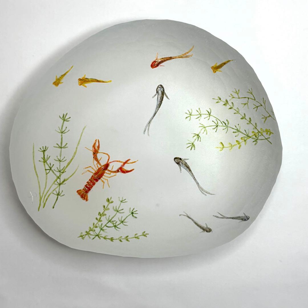 久保裕子さん作 ガラス ザリガニ 魚 水草 ペーパーウェイト 文鎮 オブジェ