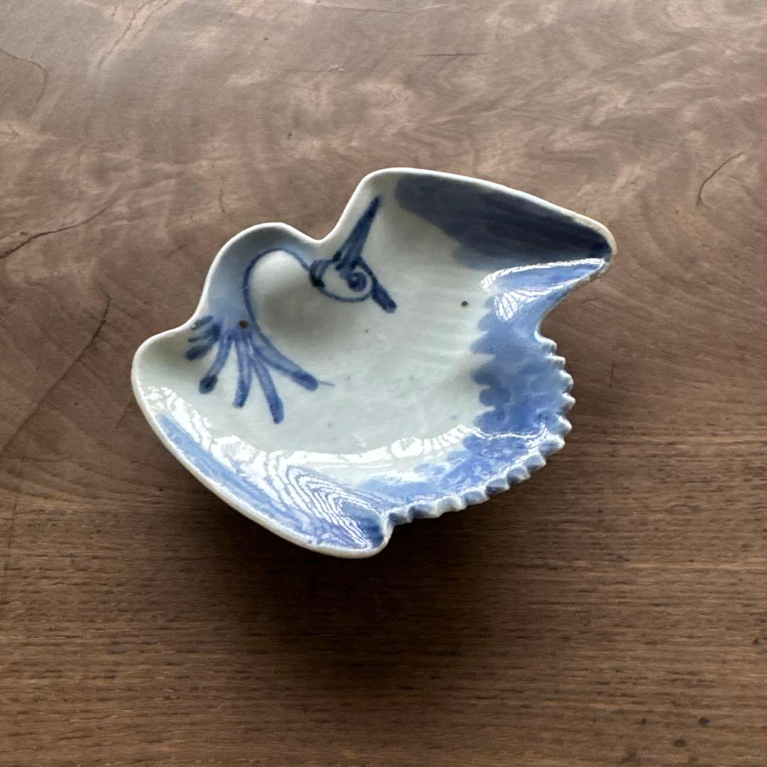 江戸中期　藍九谷　染付鶴形　手塩皿/小皿　変形皿　K338