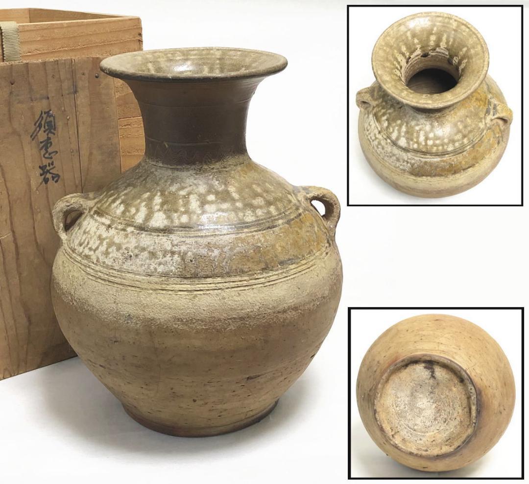 漢時代 灰釉双耳壷 花入れ 花器 花瓶 高さ25cm箱付