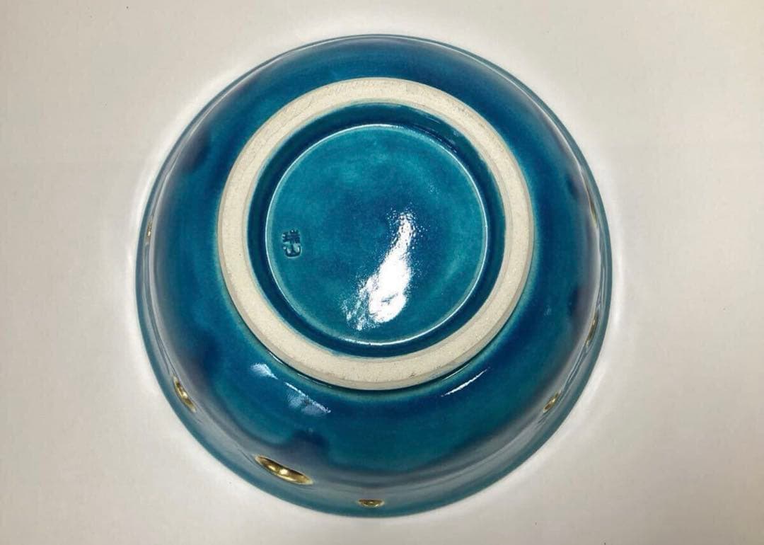 茶道具 古物品 菓子鉢 萬古 トルコ釉 水玉透かし 加賀瑞山 木箱入