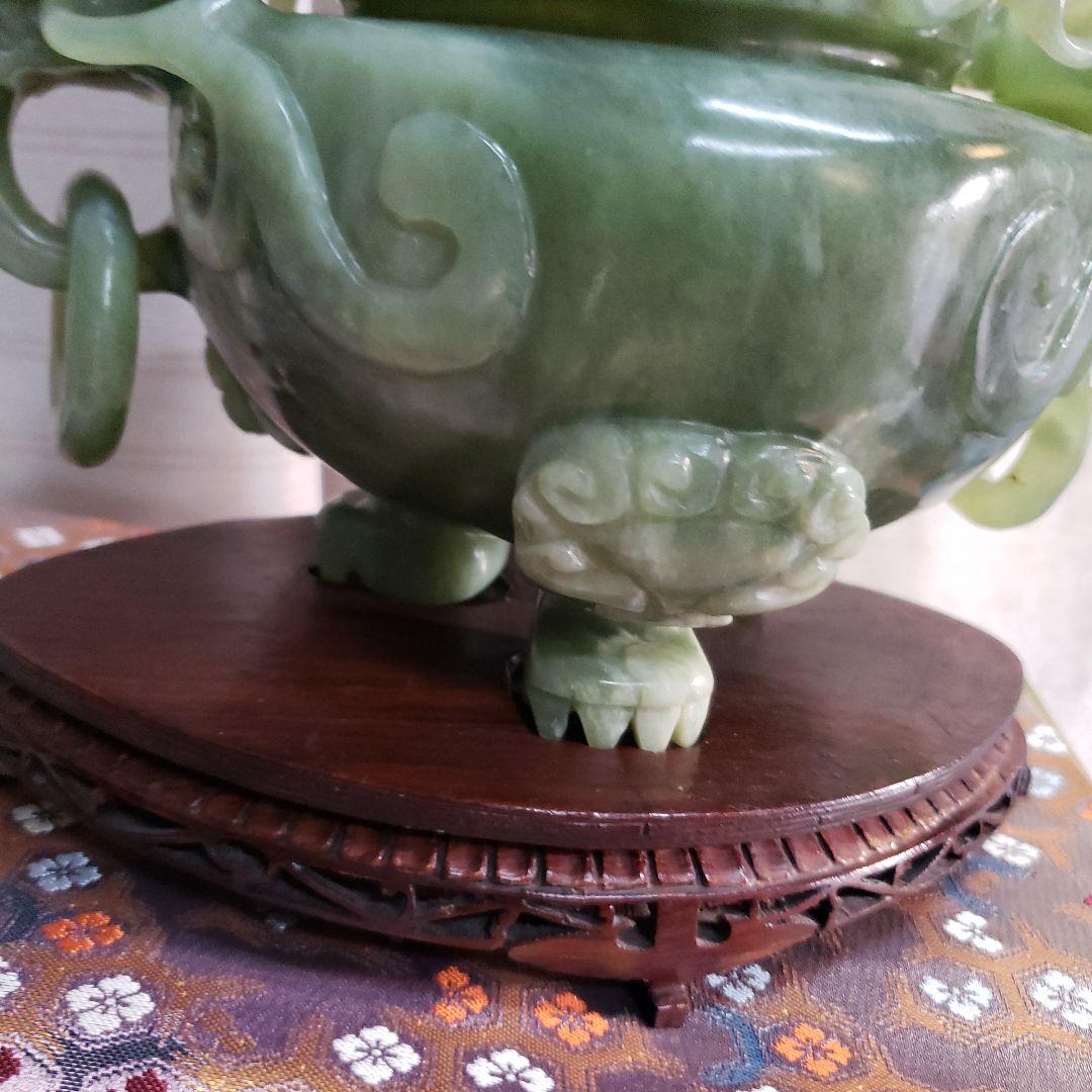 蔵出し大特価 翡翠製 香炉 龍の装飾 木製台座付き S115764801 - 香炉一