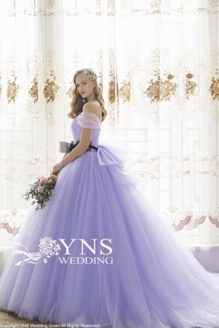 ラベンダーオフショルダーチュールドレス