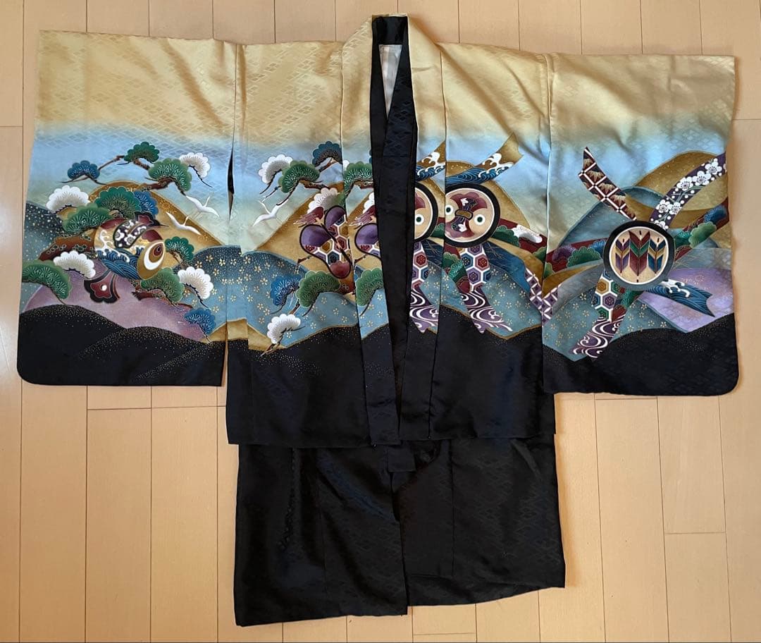 七五三 5歳 男の子 フルセット 男児 着物 羽織 袴 小物 金 黒 鷹 松