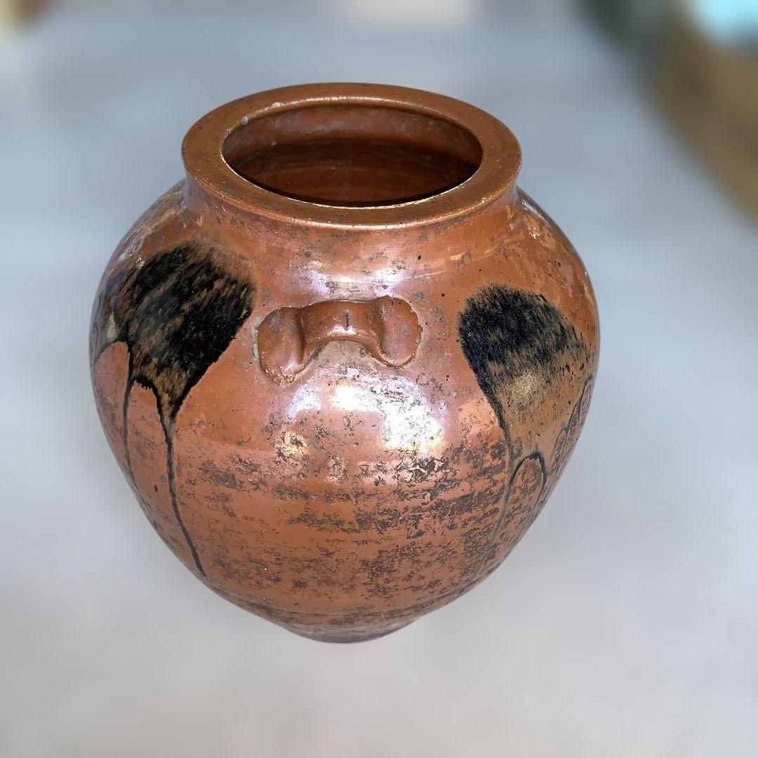 茶色の陶器製，百年灰釉双耳壺 特大32.6㎝ 日本古陶