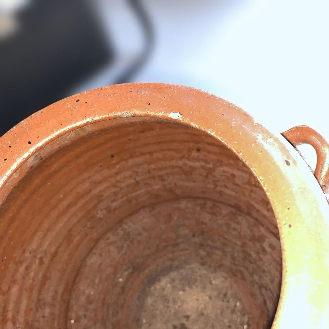 茶色の陶器製，百年灰釉双耳壺 特大32.6㎝ 日本古陶