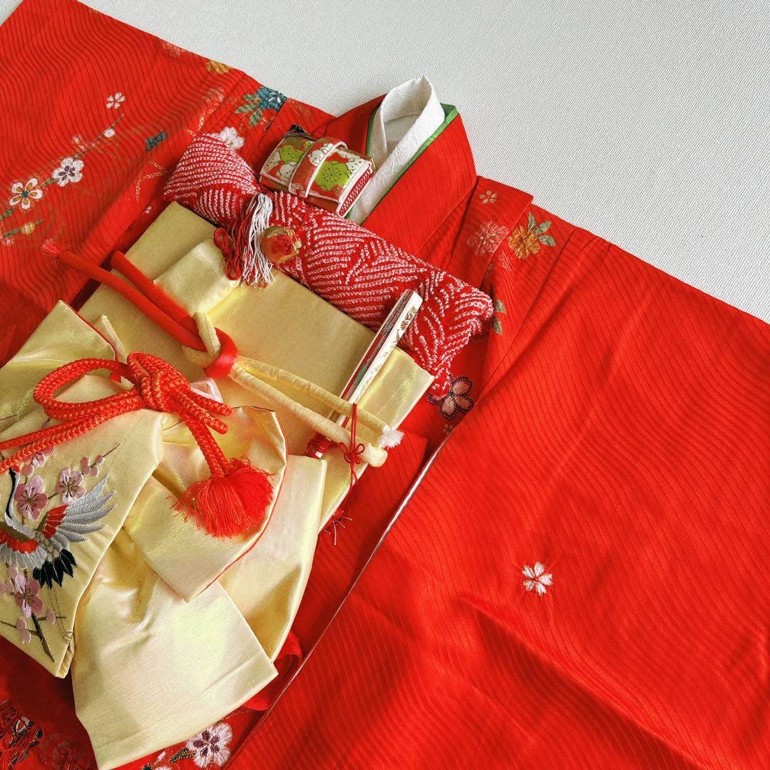 セット七五三7歳女の子長着＆簡単半衿＆結帯＆草履＆バッグ＆小物朱色帯黄系ゴールド