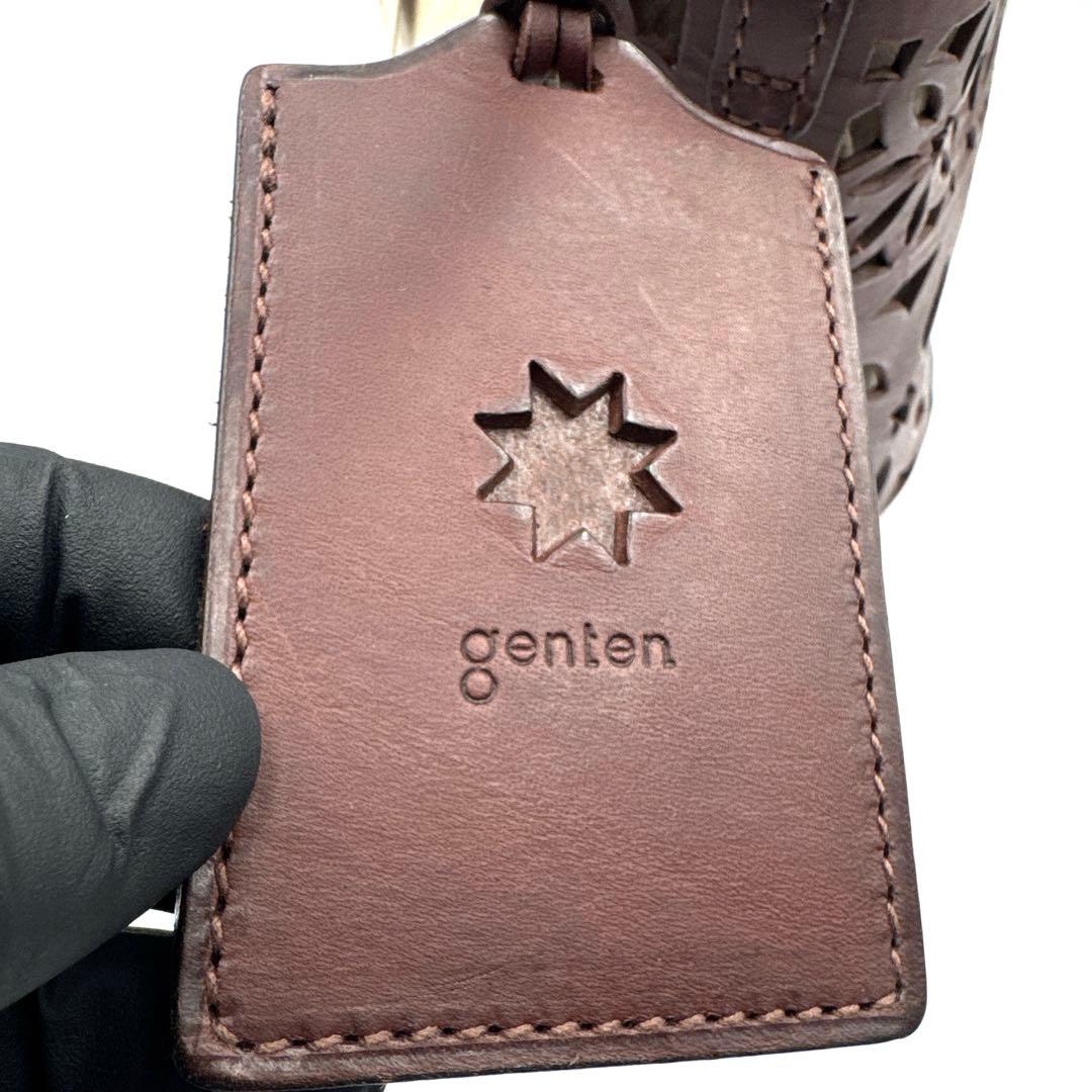 新品未使用 genten ゲンテン カットワーク ハンドバッグ 巾着付 茶 本革