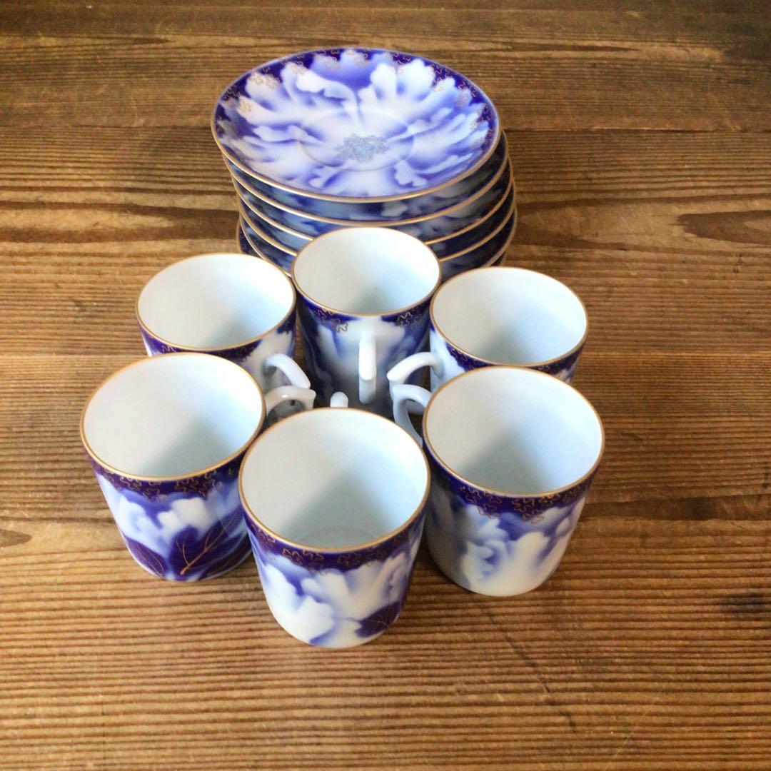 No4397 深川製 珈琲碗皿揃 牡丹金ミル 6客 共箱 有田焼 送料無料