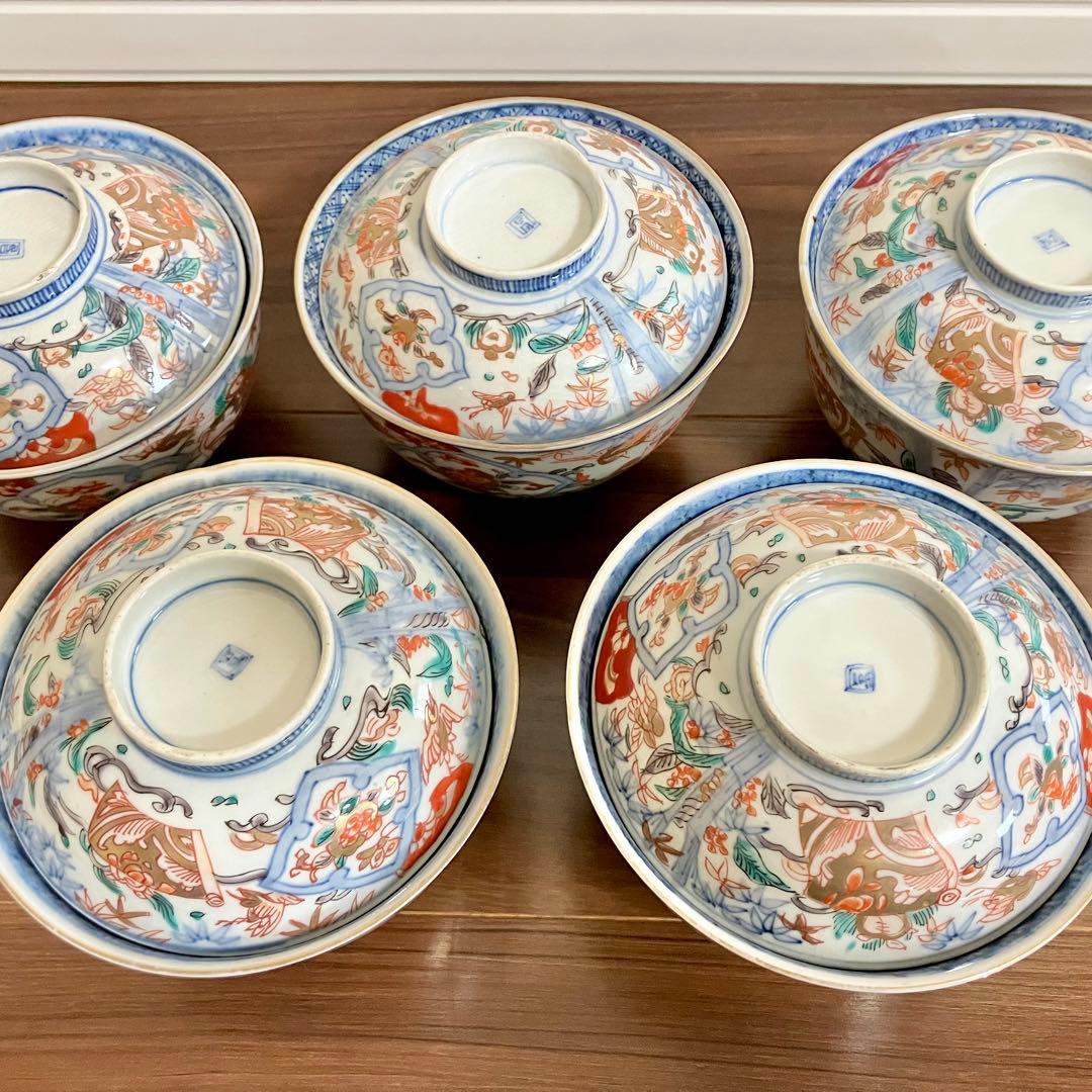 古伊万里　蓋物　五客セット　色絵　茶碗