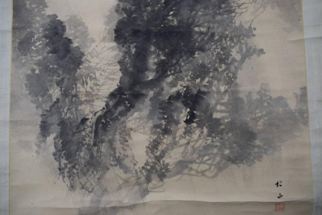 真作】藤井松山/驟雨茂林鳴鴉図/雨中茂林鳴烏図/