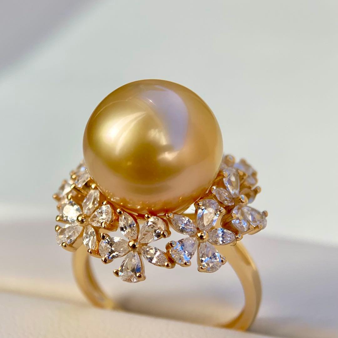 本真珠南洋白蝶真珠　茶金12.9㍉花モチーフs925リングY1018