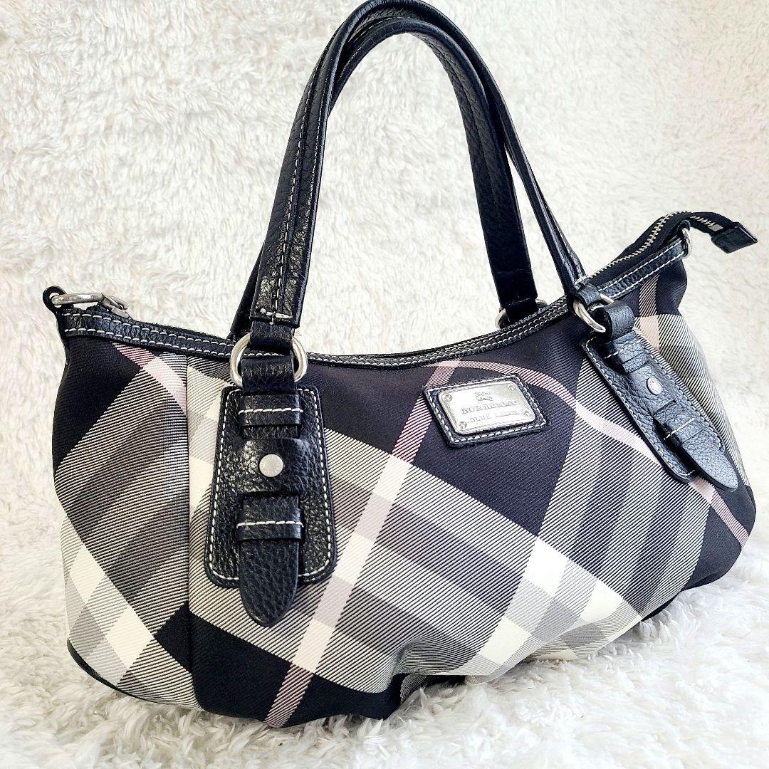 美品 バーバリー・ブルーレーベル ハンドバッグ キャンバス レザー 黒