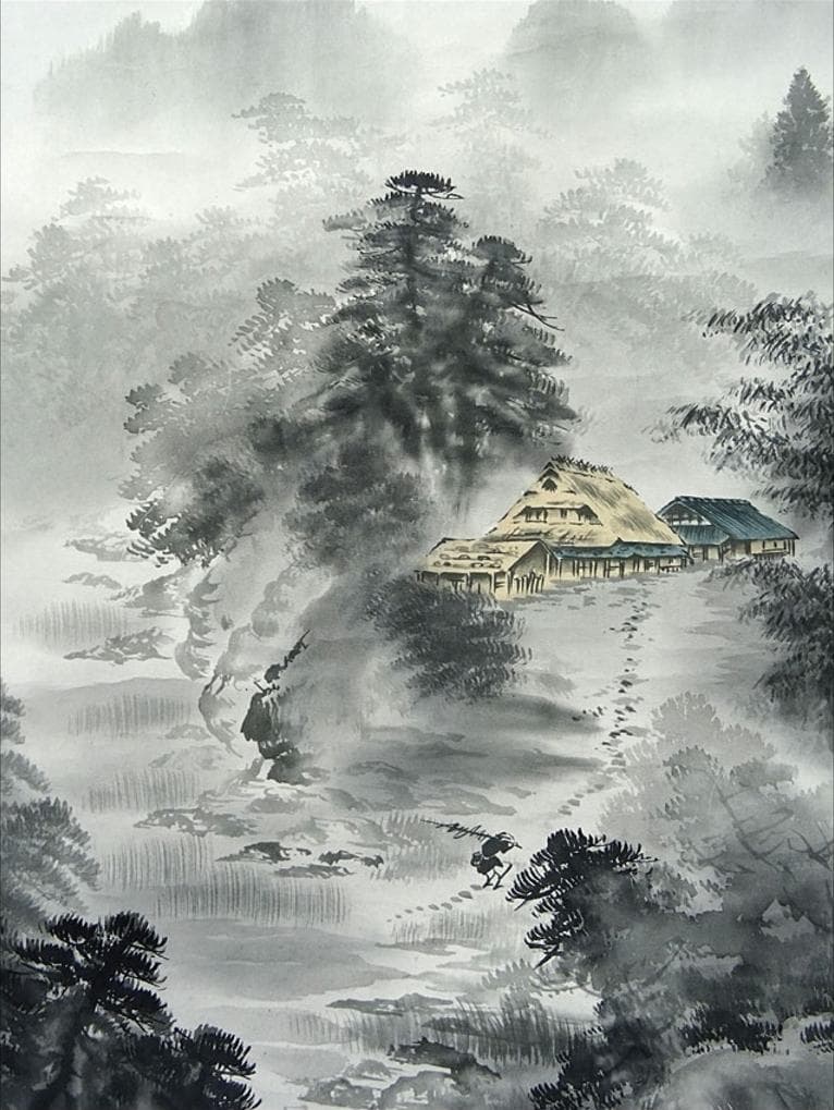 掛軸 秋峰『水墨山水図』絹本 肉筆 共箱付 掛け軸 a072014