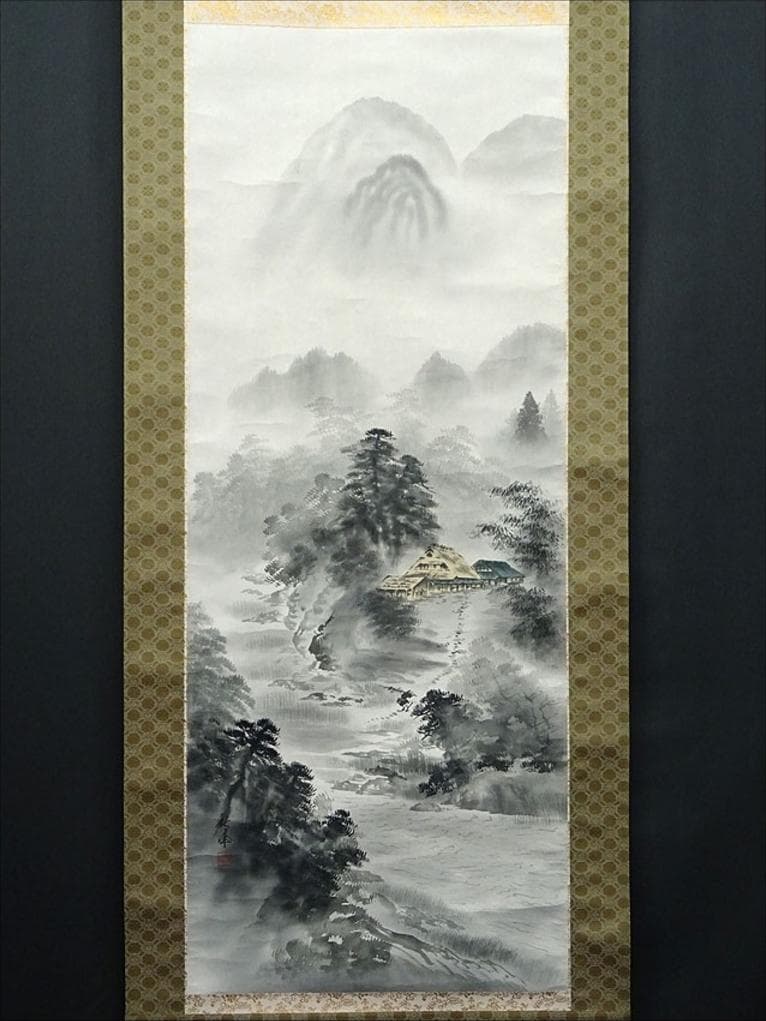 掛軸 秋峰『水墨山水図』絹本 肉筆 共箱付 掛け軸 a072014