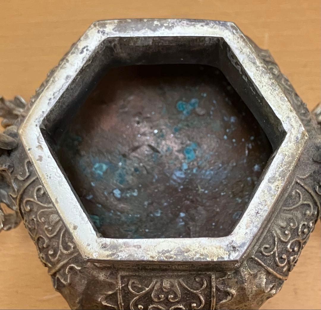 【香炉】六角形の香炉　元成作　獅子飾り付蓋　鳳凰耳飾　獅子三足