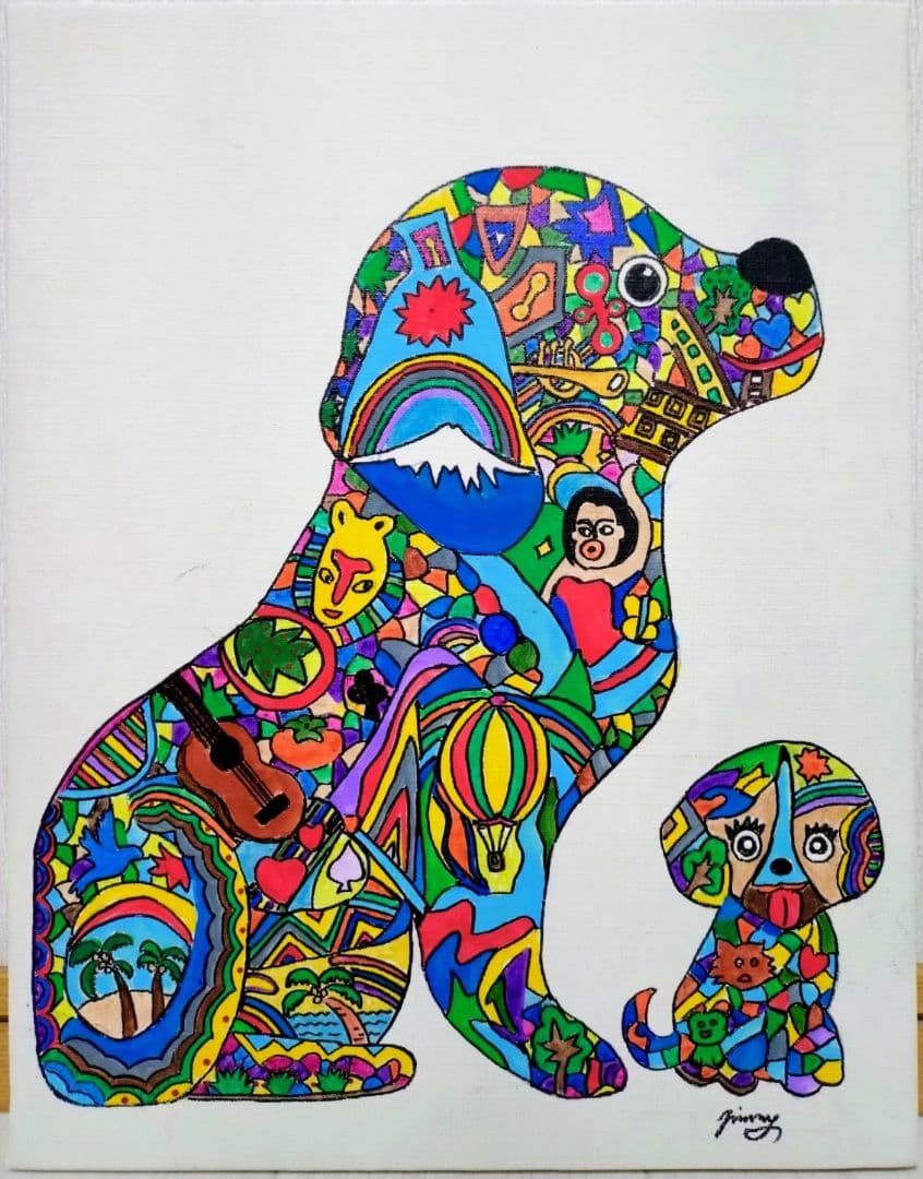 【F6号】ジミー大西【Dog】手描き/表裏サイン有り/油彩/アクリル/絵画/額縁