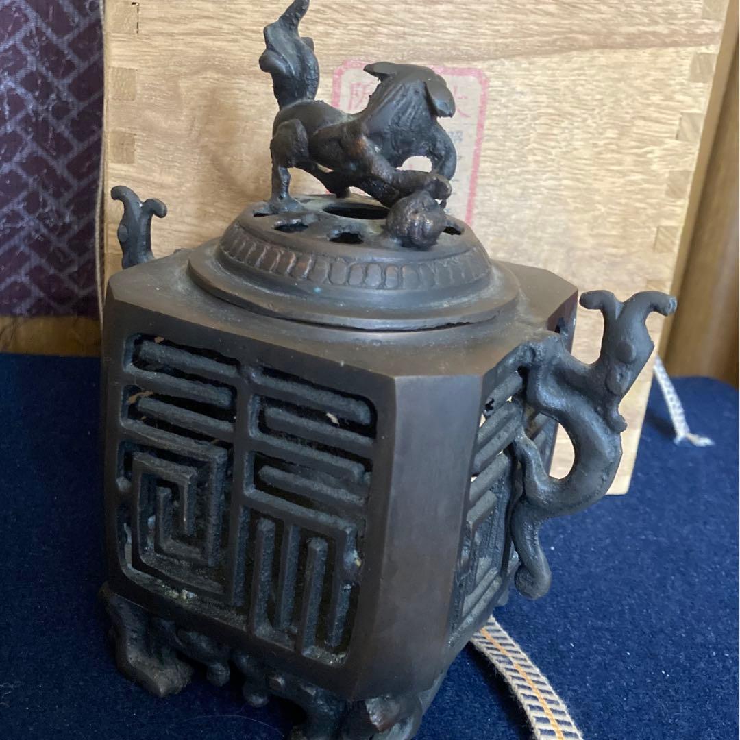 大明宣徳年製 古銅獅子頭福字香炉 徳川家蔵 箱入