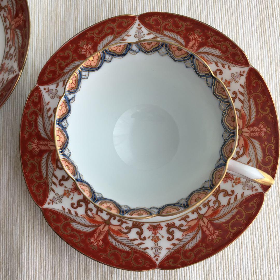 1603 有田焼 賞美堂 其泉窯 赤濃金彩唐草コーヒー碗皿2客セット 未使用品