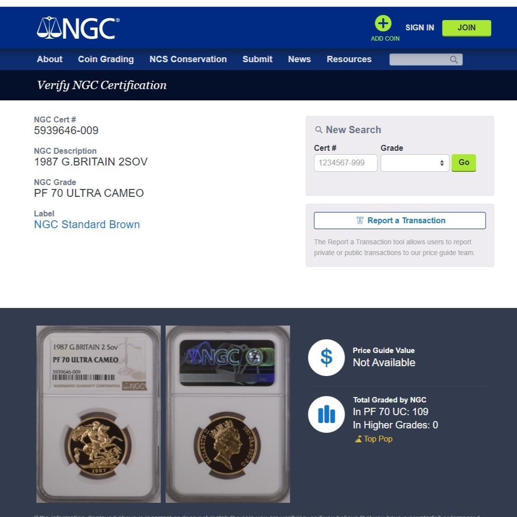 1987年/イギリス/PF70/ミドルエリザベス/金貨/2ソブリン/NGC 1987年