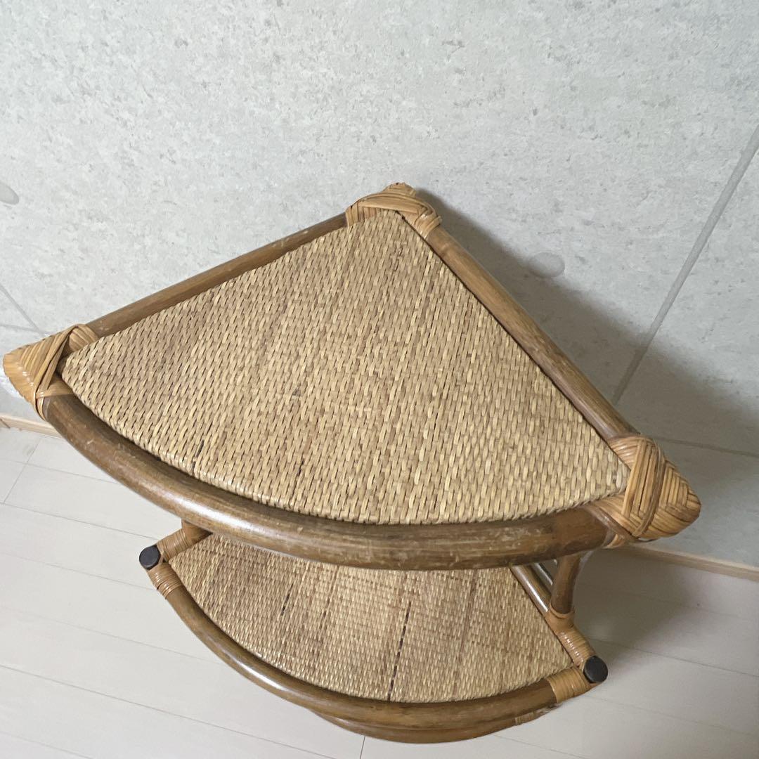 昭和レトロ 3段ラタンシェルフ 扇型コーナーラック 飾り棚