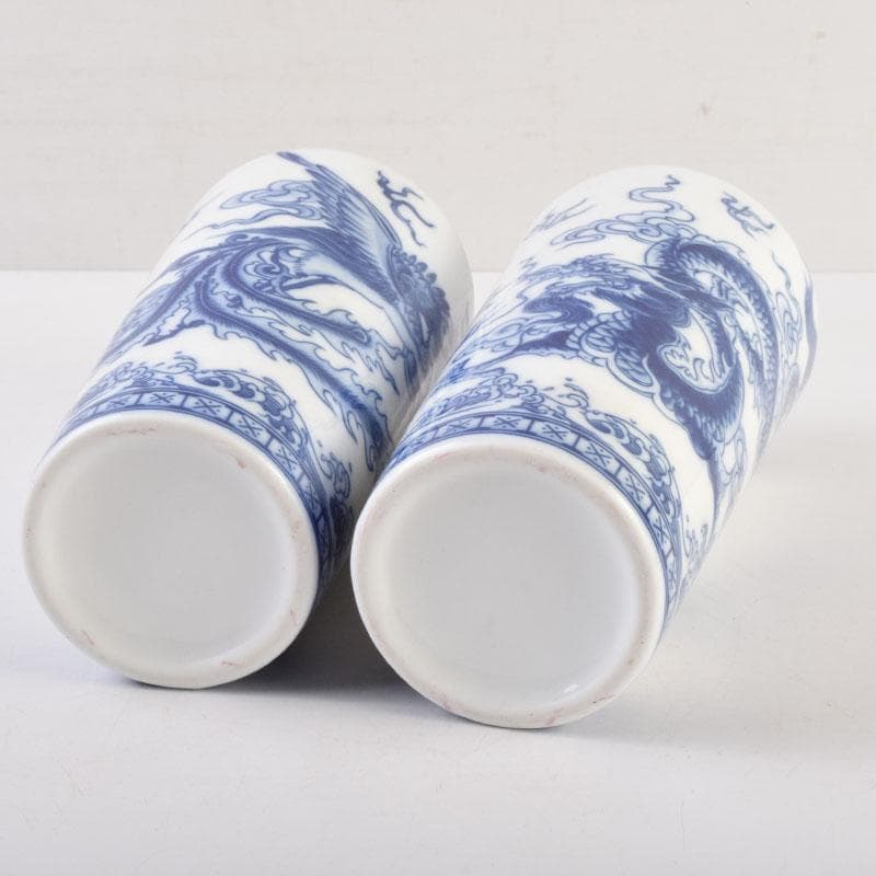 中国 青花 雲龍鳳凰文瓶 花瓶 唐木台付 一双 箱付 V 9066A