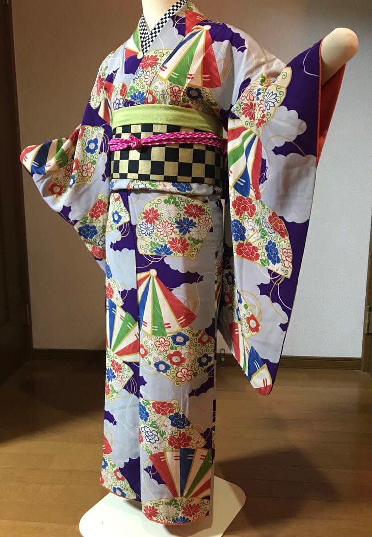 アンティーク着物　扇子　レトロな配色　大人　ジュニア　　袴にも