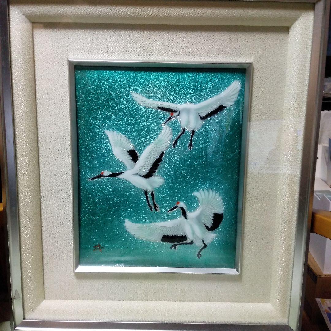 美品　鶴の陶板画 松本佐一陶板画カラフルな鶴の陶器アート