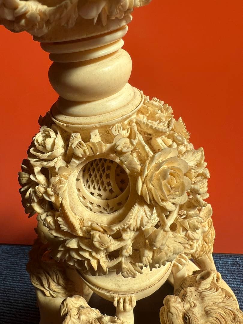 1081 中国美術 多層球 彫刻 約全長70cm 猴 天球儀 置物