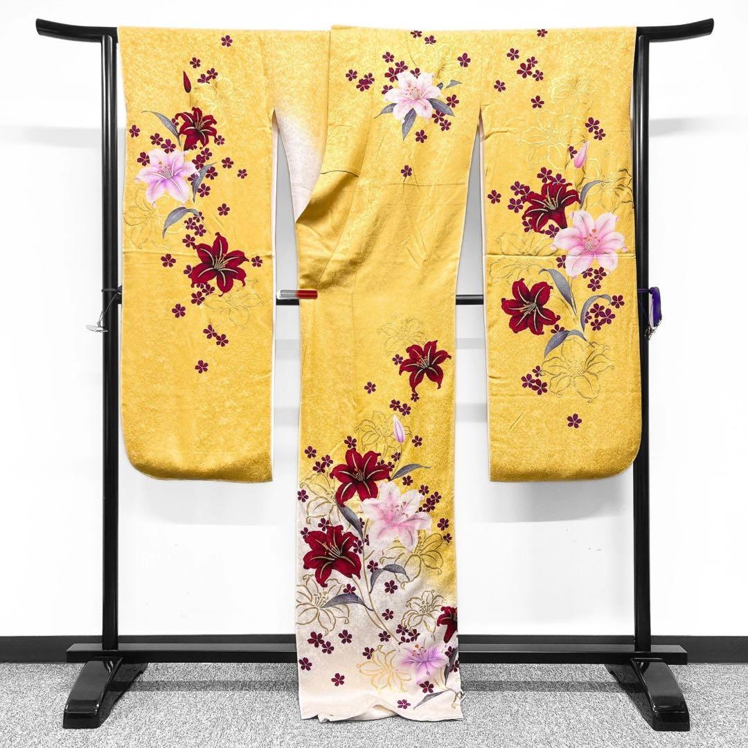 411z3〇高身長な方にも 振袖 地紋 金彩 刺繍 黄色〇美品 成人式 結婚式