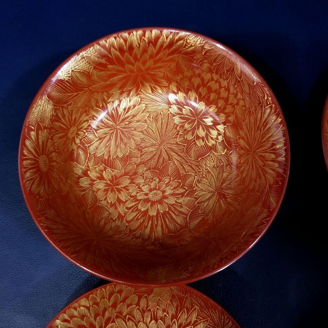 たまきち様確認用　輪島塗　朱漆塗 内総沈金 菊花紋詰 吸物椀 金蒔絵羽反2客