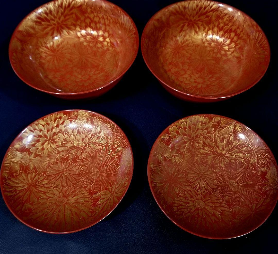 たまきち様確認用　輪島塗　朱漆塗 内総沈金 菊花紋詰 吸物椀 金蒔絵羽反2客