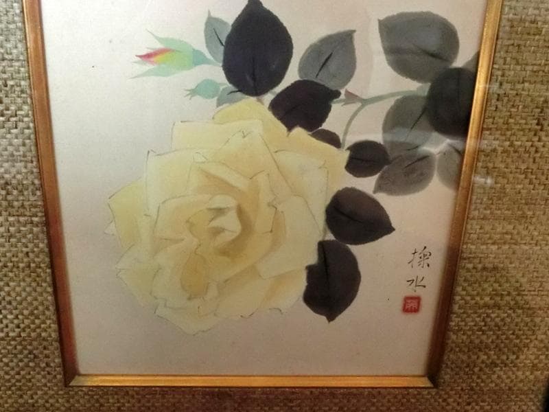 蔵出し品☆真作 門井掬水 色紙 日本画 バラ 木製額縁 C9959402 - 絵画