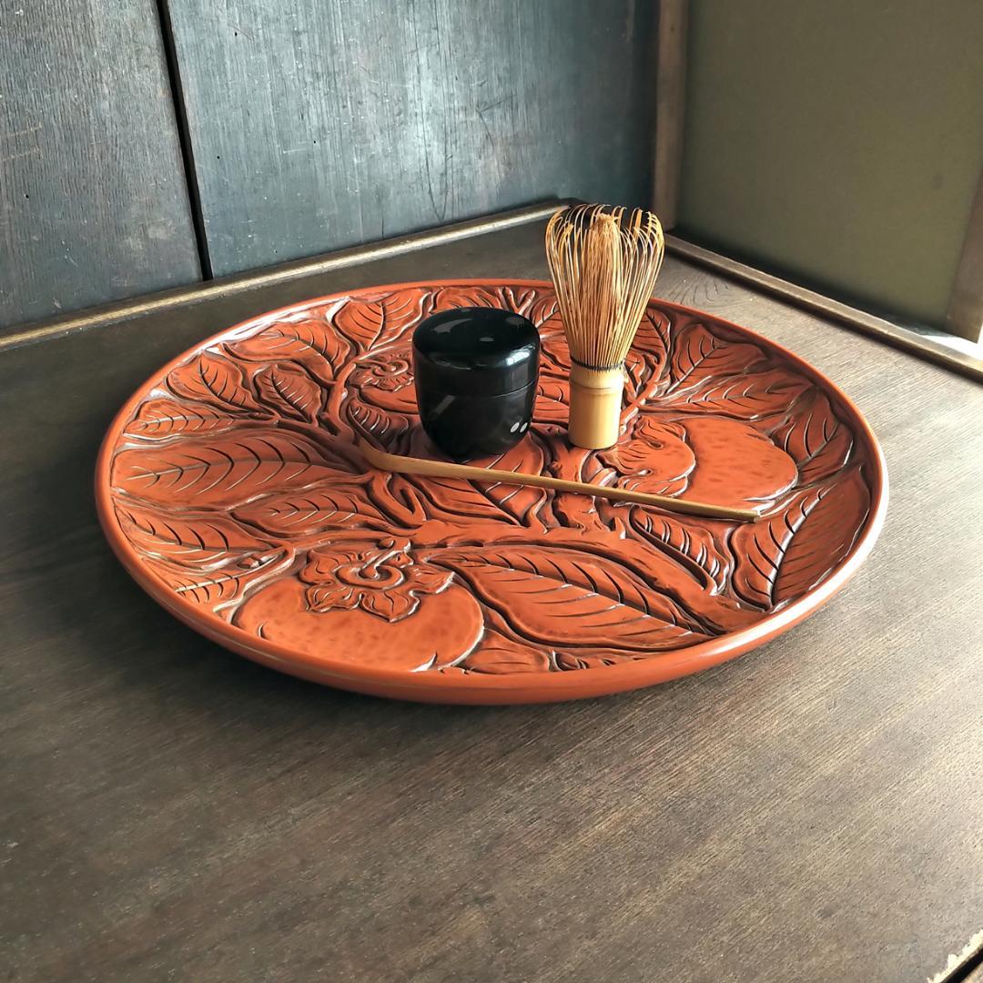 鎌倉彫 博古堂 大型 11寸 35.5㎝ 柿モチーフ 丸皿・丸盆