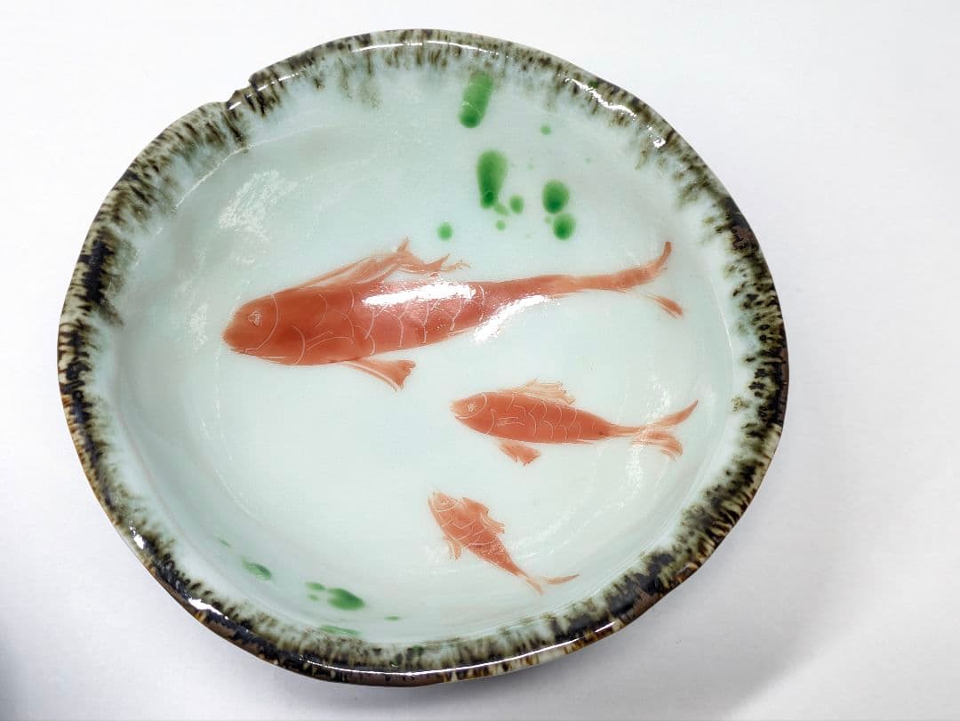 斉山窯 太田恵 作 赤絵 魚文 碗＆染付 蟹文 碗 セット