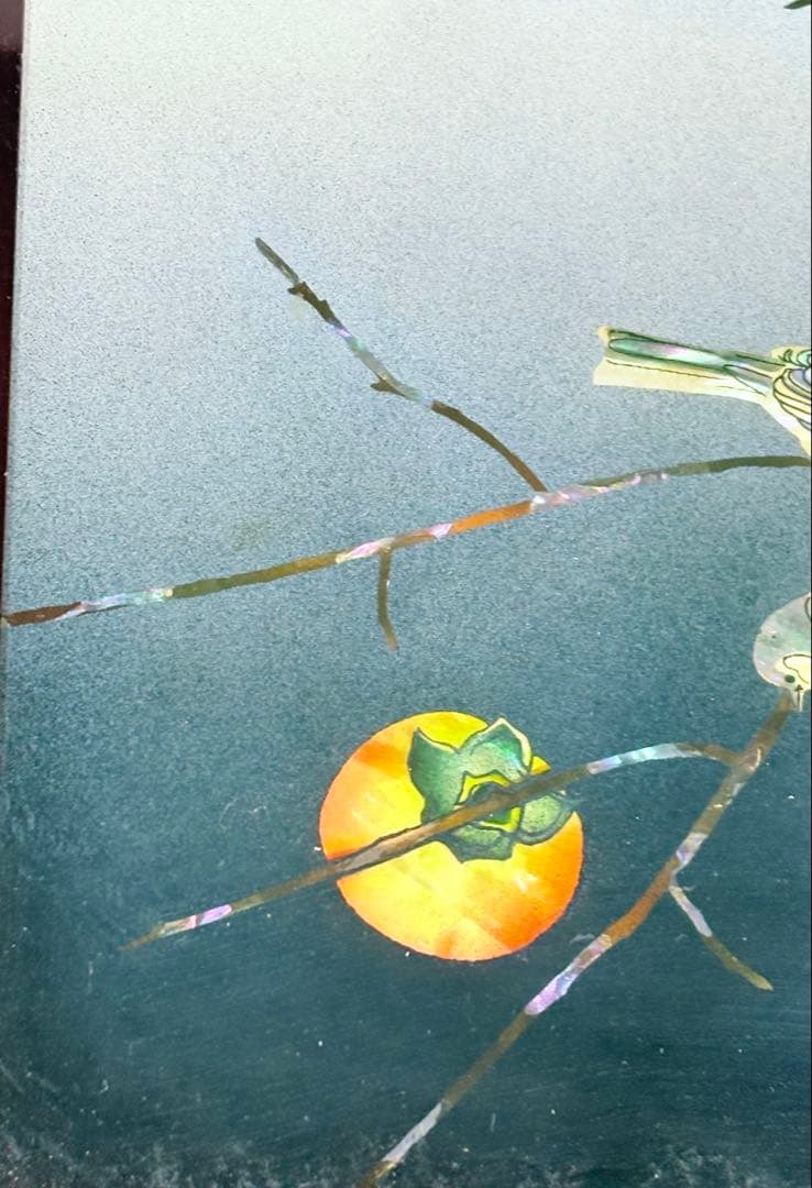 螺鈿細工 日本画 鳥 果物 柿 額装 絵画 アート アンティーク